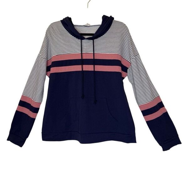 Hem & Thread Navy Striped Hoodie Sweatshirt Sz L Beach, Vacation - Picture 1 of 11